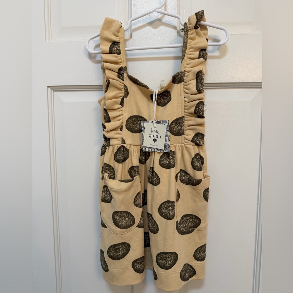 Kate Quinn Kids 2T Organic Cotton Football Print Ruffle Pinafore Dress Tan‎